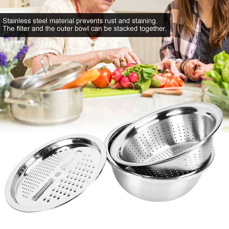 Silver 3 in 1 Stainless Steel Drain Basket Vegetable Cutter