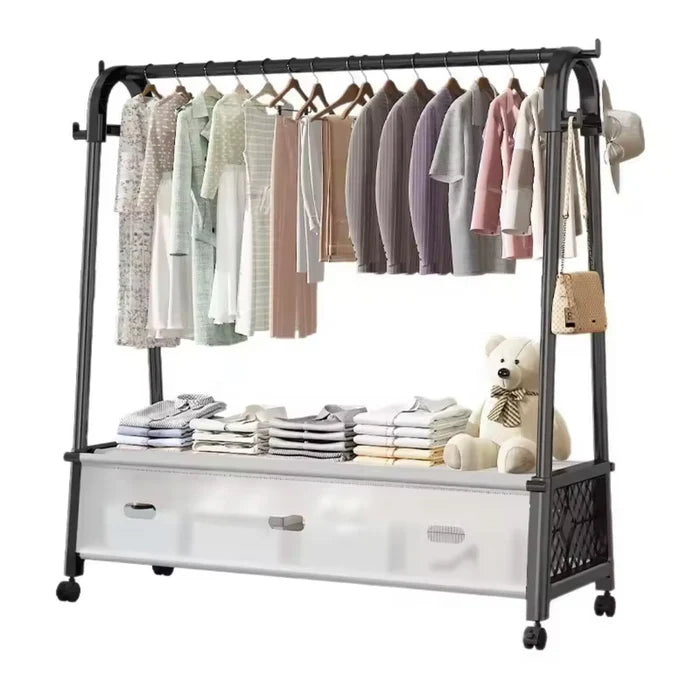 clothes rack with lower storage drawers,