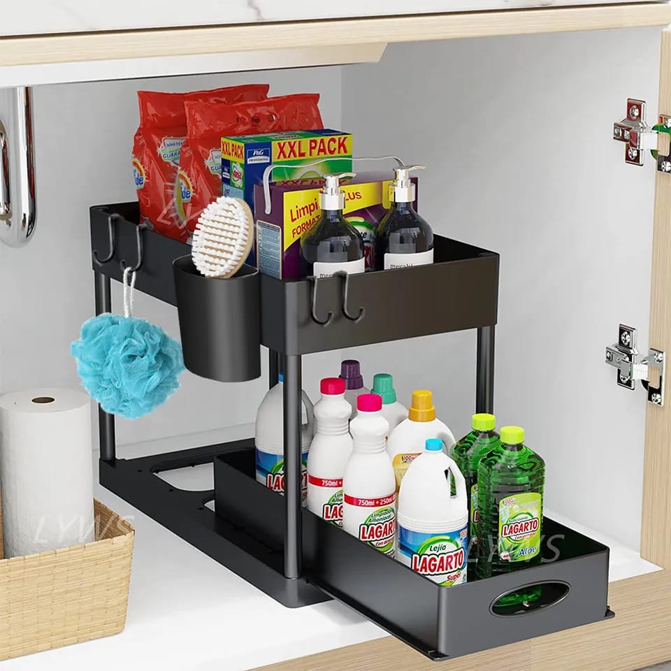 2-Tier Under Sink Organizer with Hooks, Bathroom & Kitchen Cabinet Organizer