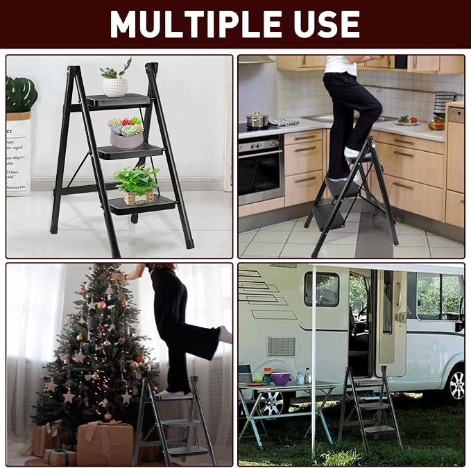 3/4Step Ladder, Portable Folding Step Stool For Home Kitchen, Black
