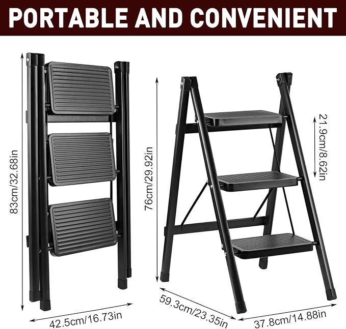 3/4Step Ladder, Portable Folding Step Stool For Home Kitchen, Black