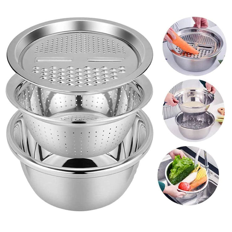 Silver 3 in 1 Stainless Steel Drain Basket Vegetable Cutter