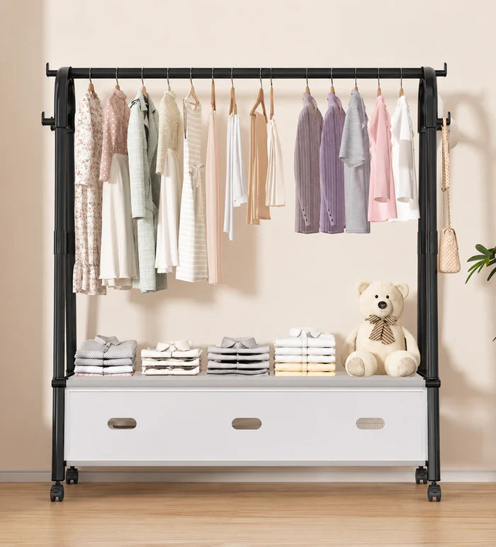 clothes rack with lower storage drawers,