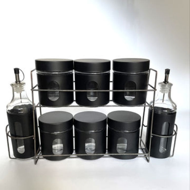 Glass seasoning and oil bottle with rack