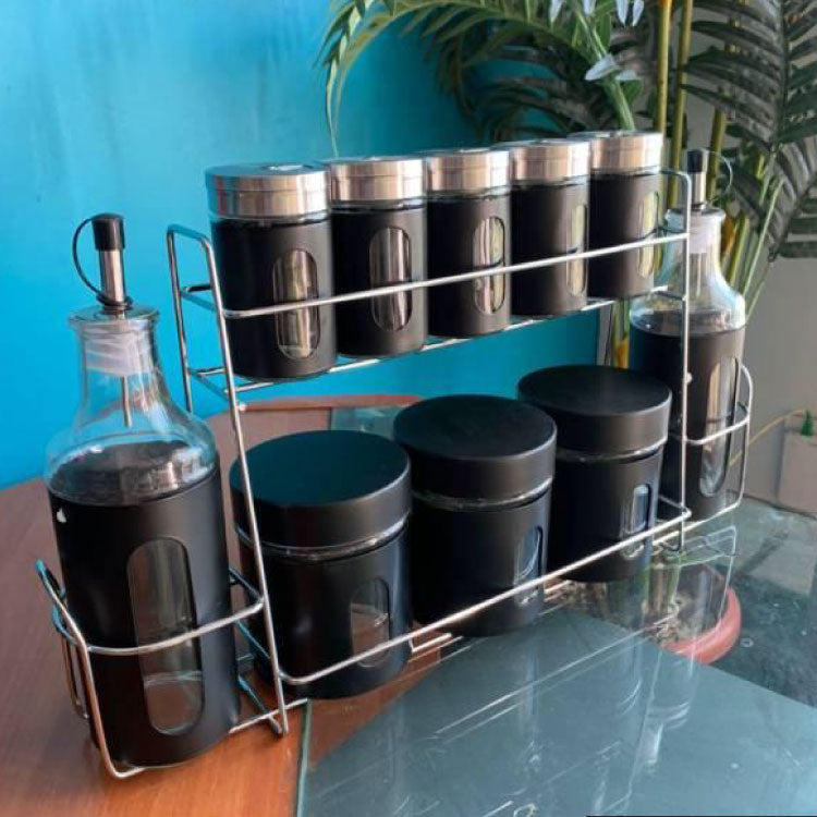 Glass seasoning and oil bottle with rack