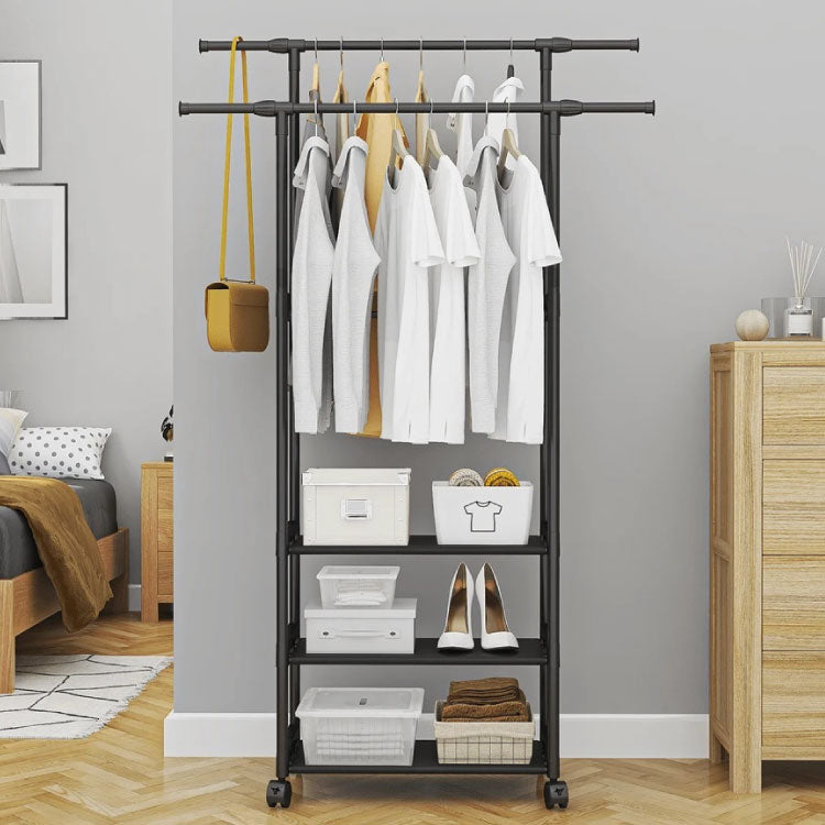 1pc Double Rod Clothes Rack With Wheels