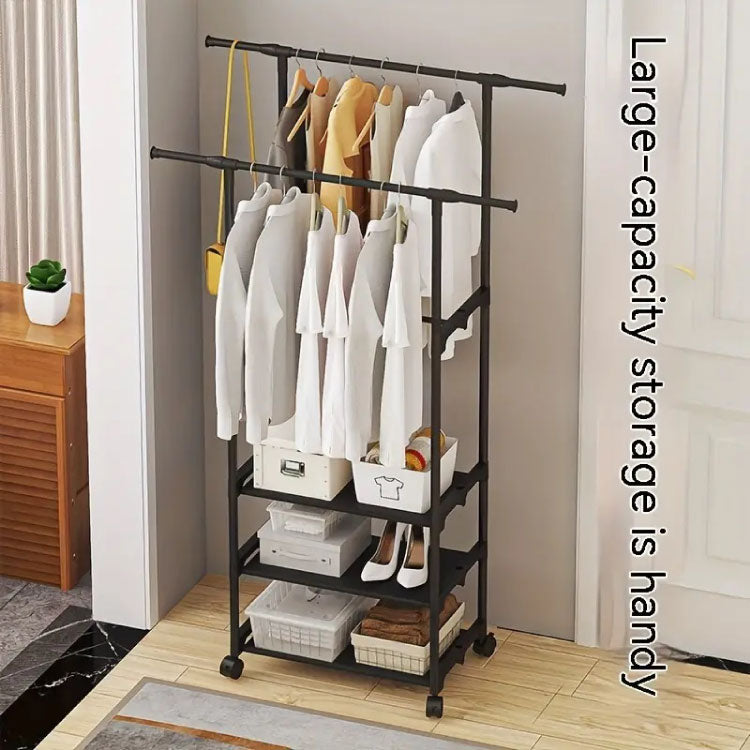 1pc Double Rod Clothes Rack With Wheels