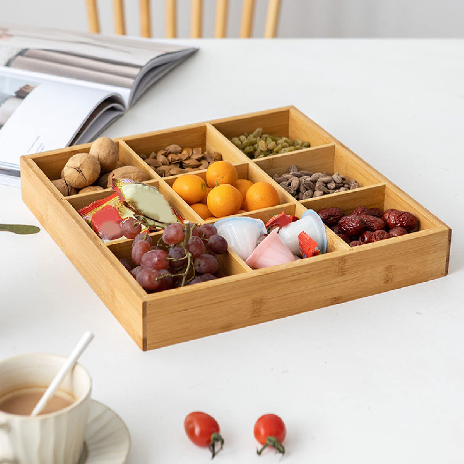 Bamboo Nuts Tray with Protective Lid – 9 Compartments
