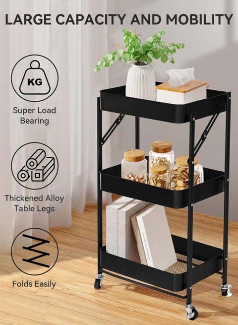 3 Tier Foldable Metal Rolling Utility Cart