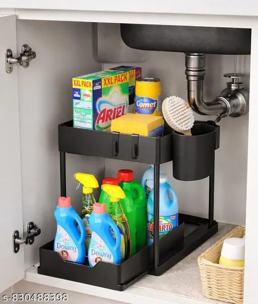 2-Tier Under Sink Organizer with Hooks, Bathroom & Kitchen Cabinet Organizer