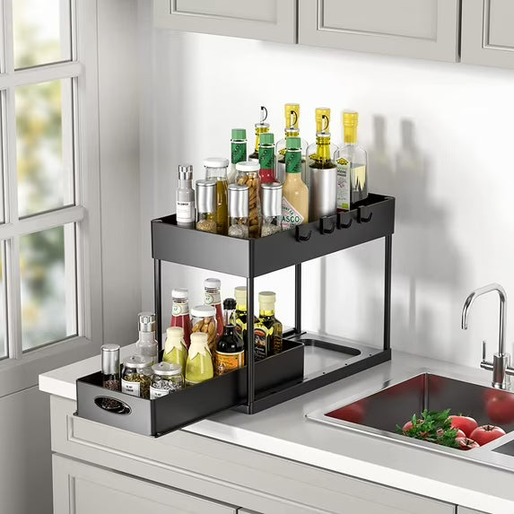 2-Tier Under Sink Organizer with Hooks, Bathroom & Kitchen Cabinet Organizer