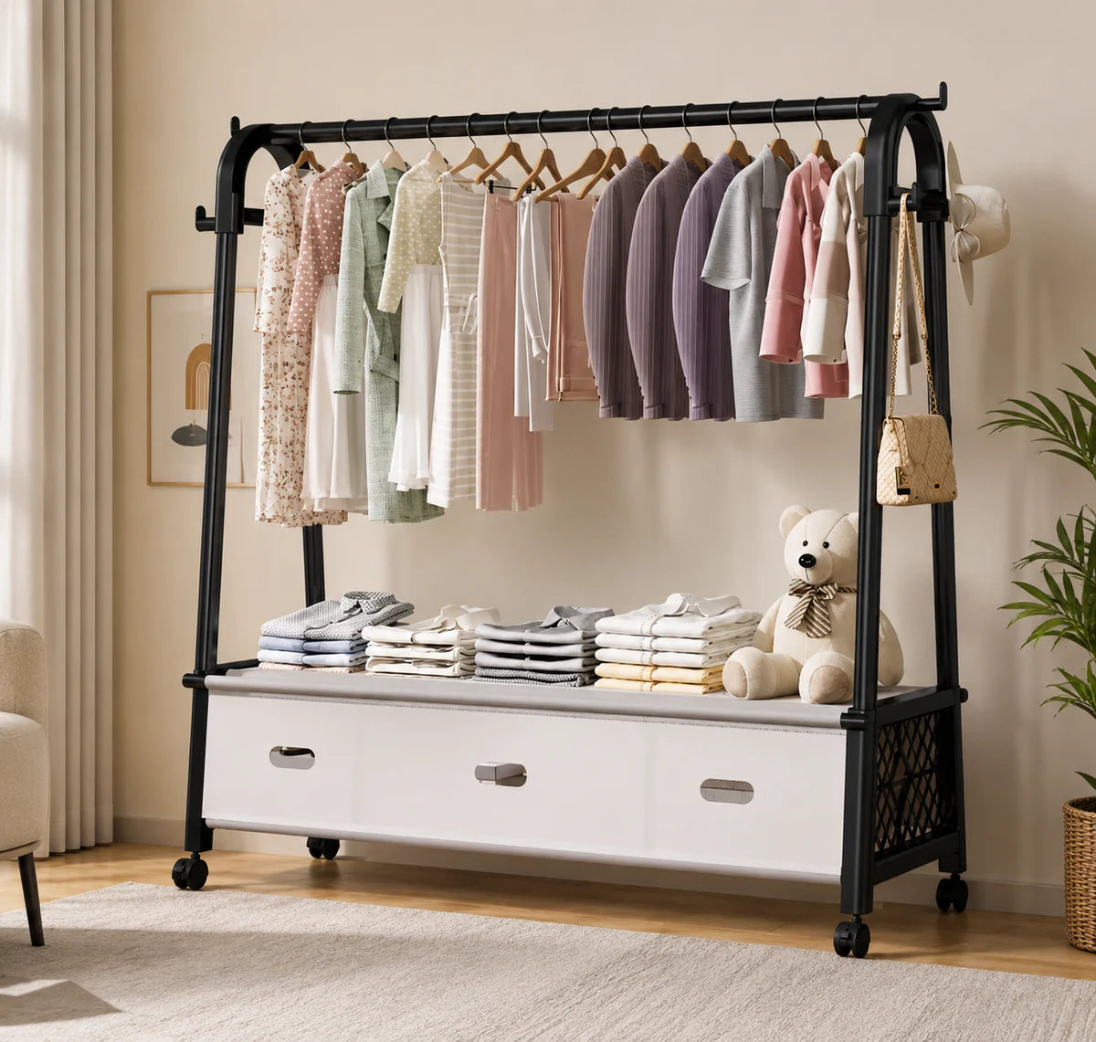clothes rack   with lower storage drawers,