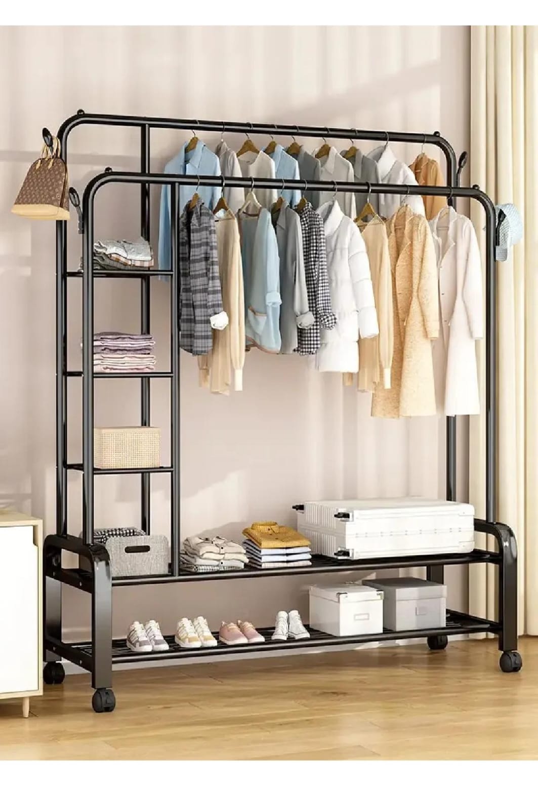 Simple wardrobe double-rod clothes rack floor with side shelves