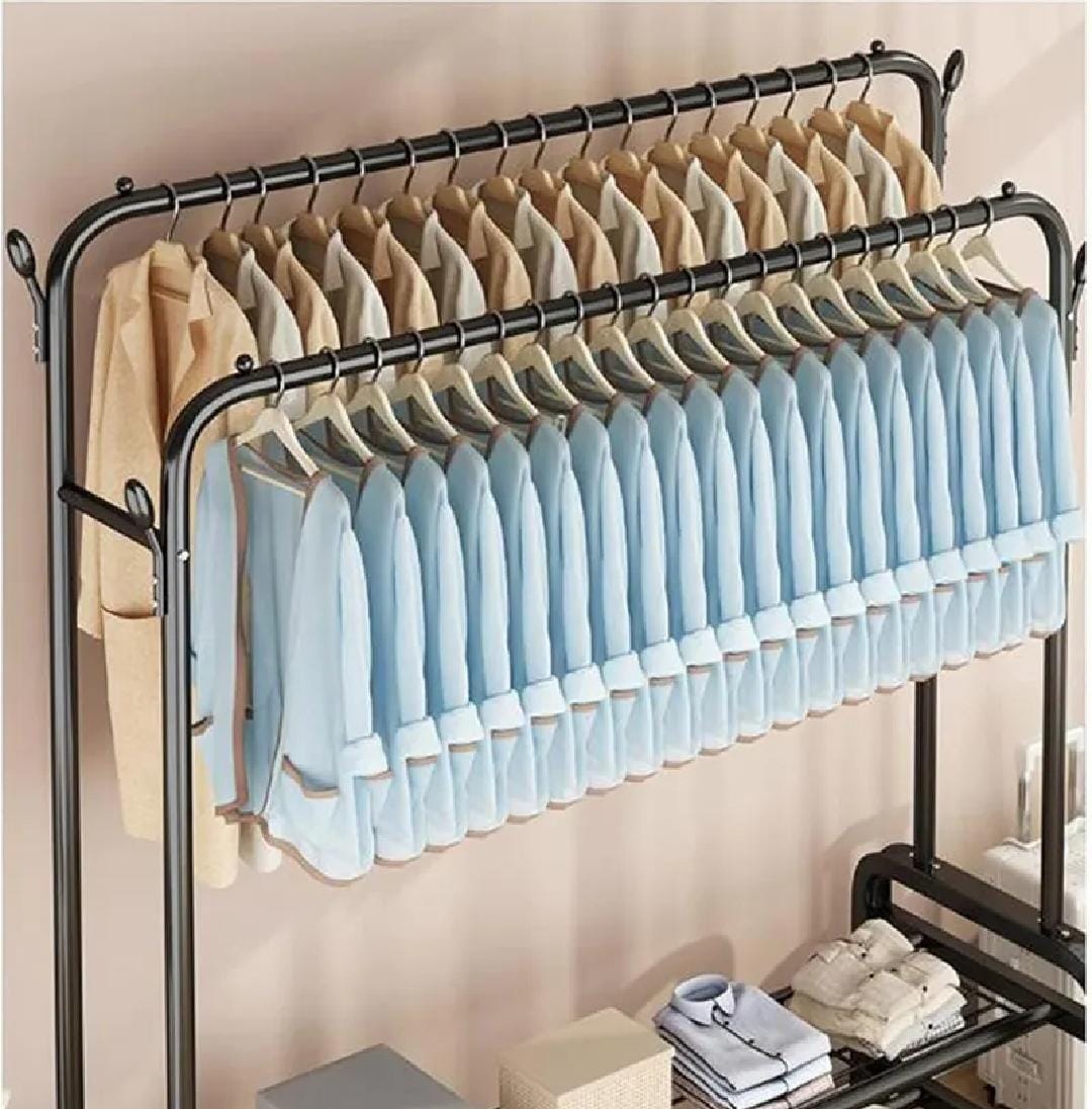 Simple wardrobe double-rod clothes rack floor with side shelves