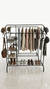Simple wardrobe double-rod clothes rack floor with side shelves