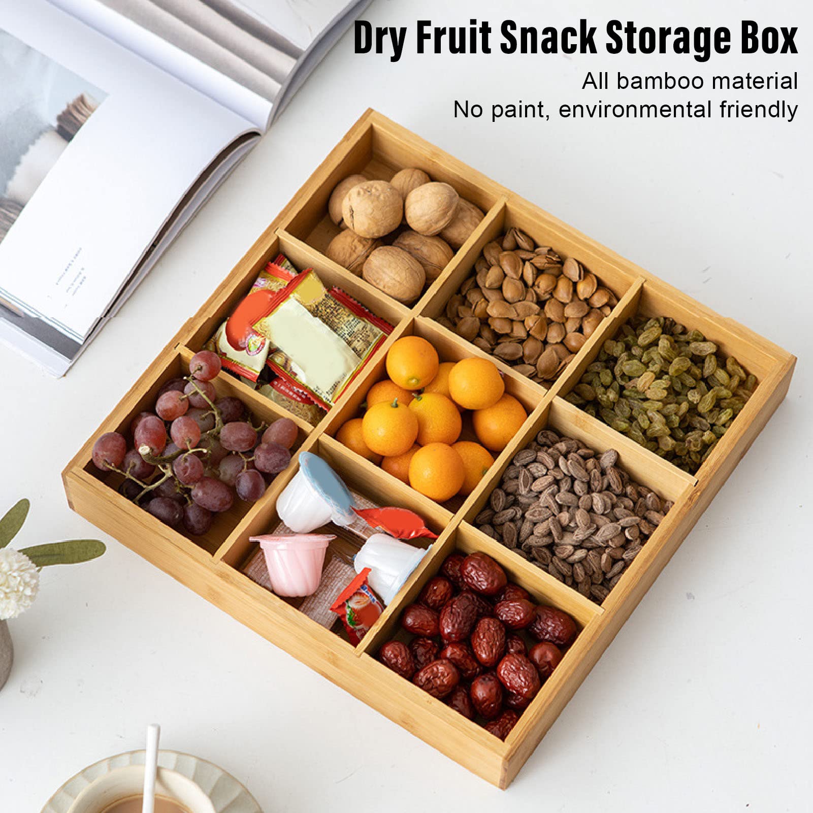 Bamboo Nuts Tray with Protective Lid – 9 Compartments